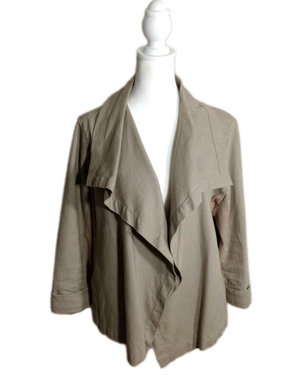 Lucy | Women's Beige Linen Blend Drape Open Front Blazer Tan Tie Back Jacket L